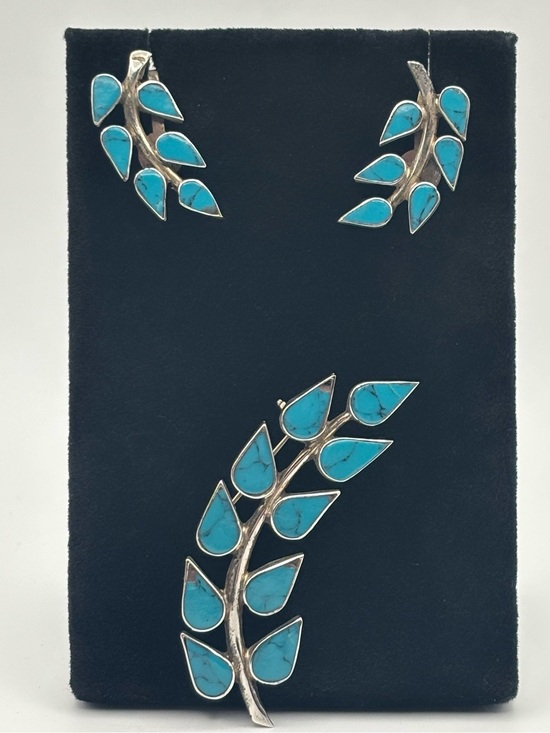 Taxco Jewelry - Vintage Taxco Mexican 925 Sterling Silver Turquoise Brooch & Earrings Set